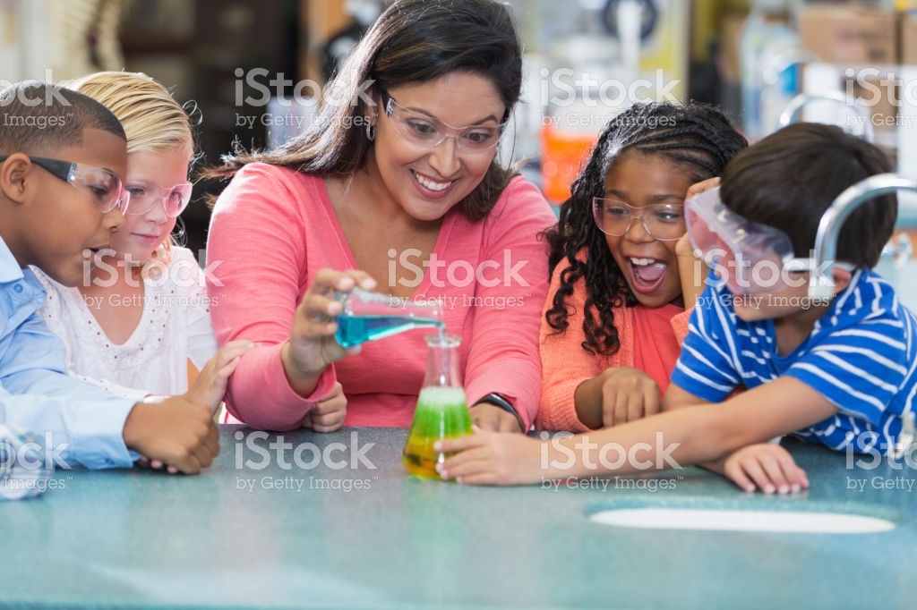 teacher and student doing science, test tubes