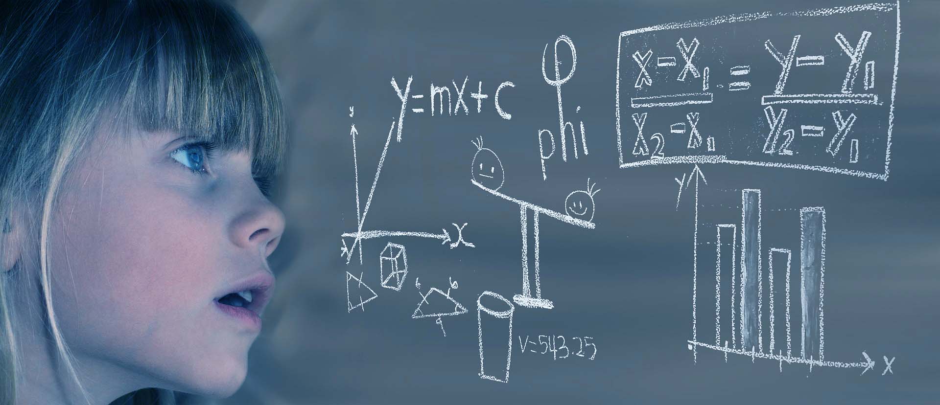 girl looking at blackboard with equations