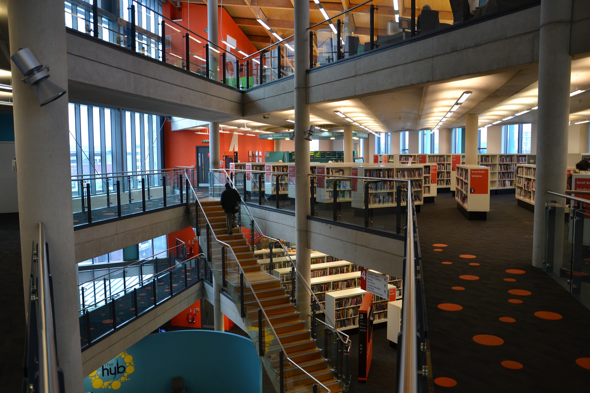 Inside a big library at a museum